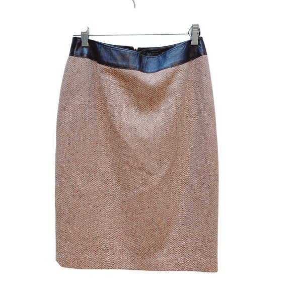 Lafayette 148 NY Tan Brown Tweed Pencil Skirt Faux Leather Waistband 2 - Picture 1 of 4